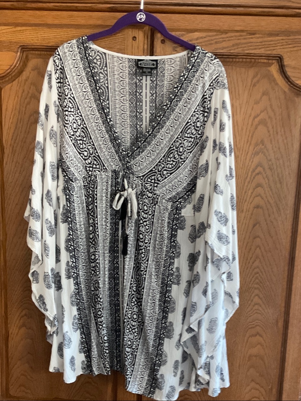 Angie White and Black Printed V-Neck Tie-Front Tunic